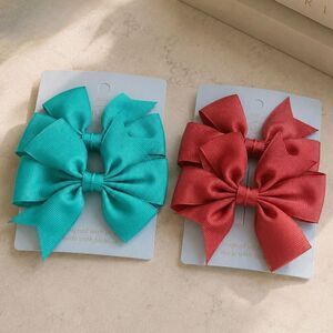 Set of 4 Grosgrain Double Bow Alligator Hajr Clips – Raspberry Rose & Aqua Blue